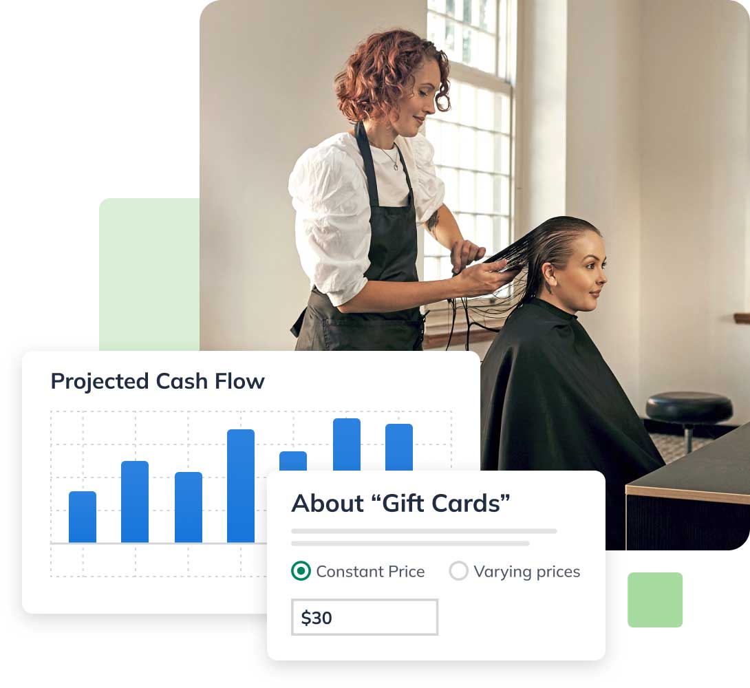 Woman cutting another woman's hair with LivePlan graphics
