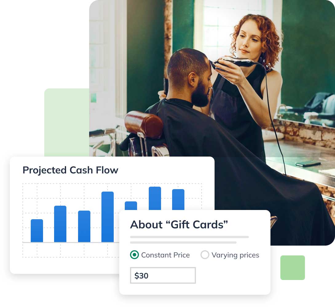 women shaving mans head with overlay of LivePlan's projected cash flow and forecast featuresw