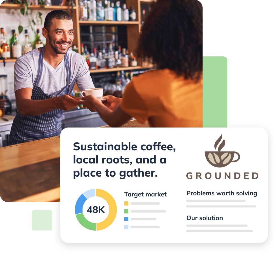 male barista serving a coffee with LivePlans business plan and pitch feature highlighted