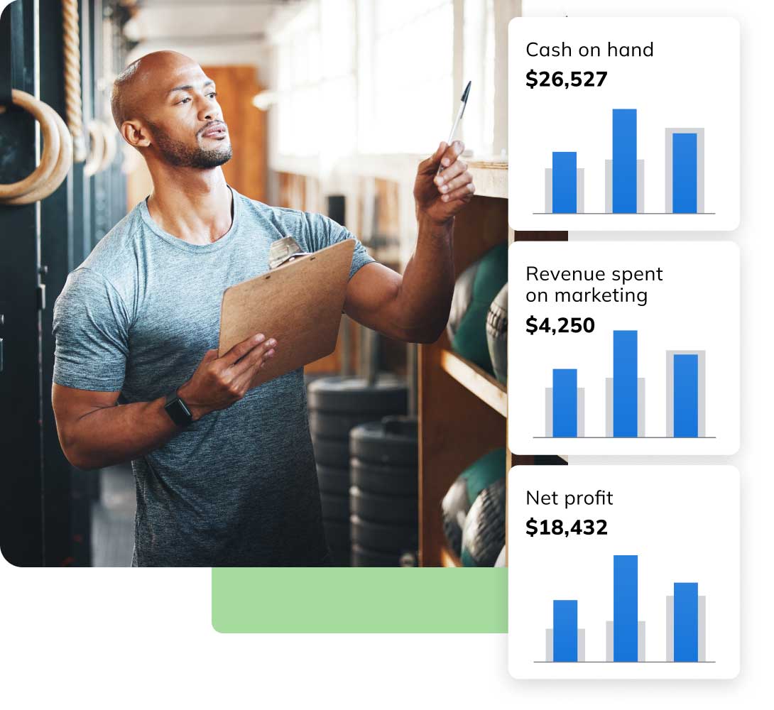 Man with clipboard with LivePlan graphics