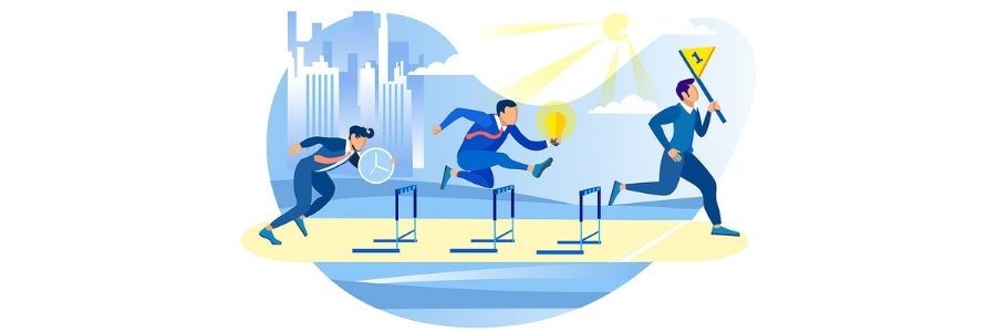 An illustration of three men in business attire jumping over hurdles, signifying business competition.
