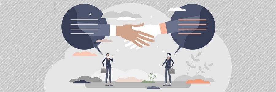 An illustration of two businessmen standing apart from each other, with an image of hands shaking above them in speech balloons, representing the prospect of a business owner considering the implications of a potential business purchase. An illustration of two businessmen standing apart from each other, with an image of hands shaking above them in speech balloons, representing the prospect of a business owner considering the implications of a potential business purchase.