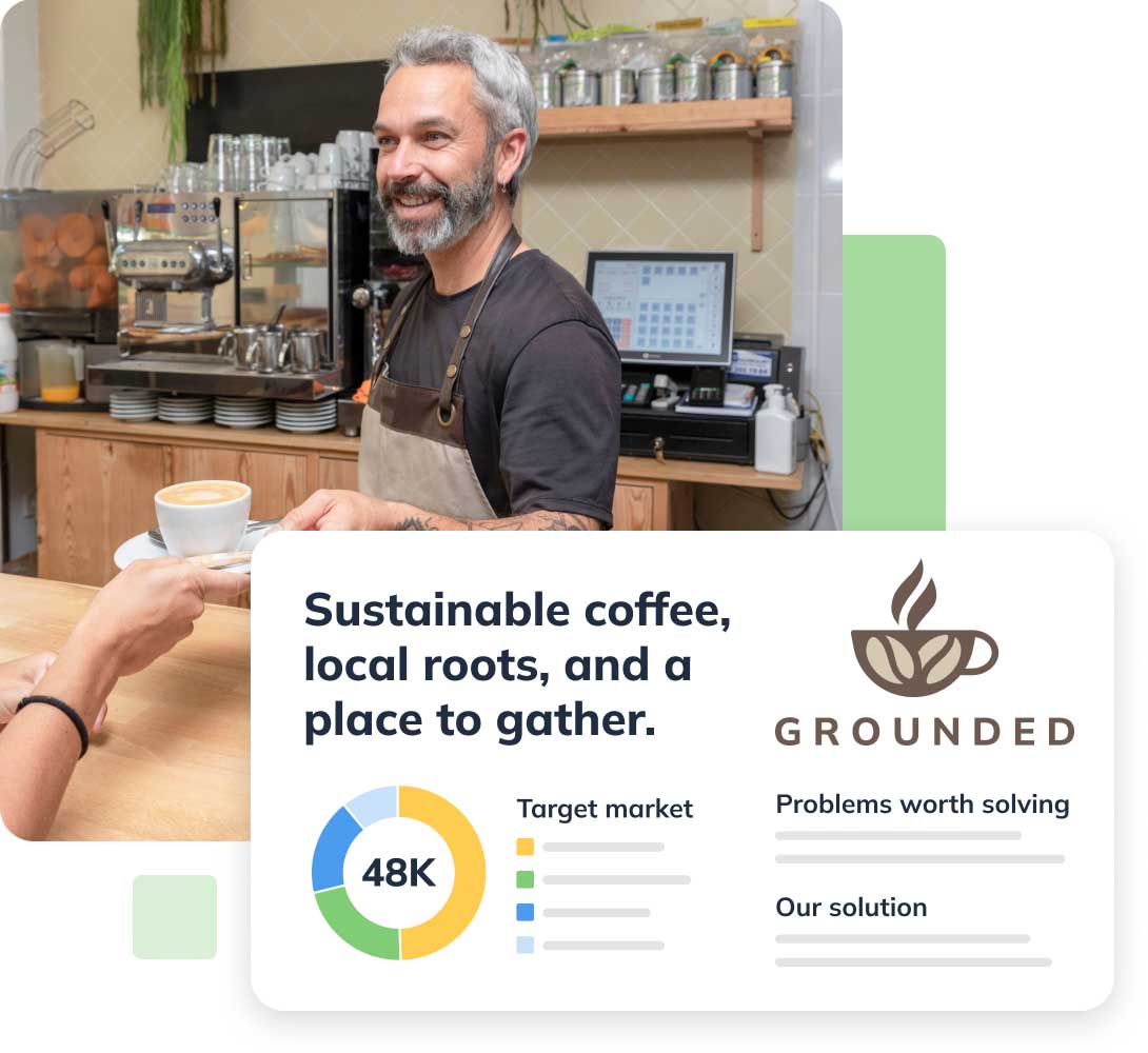 Man working at coffee shop with LivePlan graphics