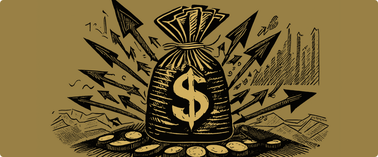 An illustration of a bag of money with arrows extending out in all directions, representing the various ways that an entrepreneur can acquire funding to run their business.
