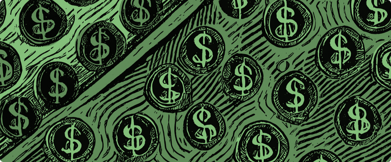 An illustration of dollar signs in two different colored shades of green, one representing positive cash flow and the other representing negative cash flow.