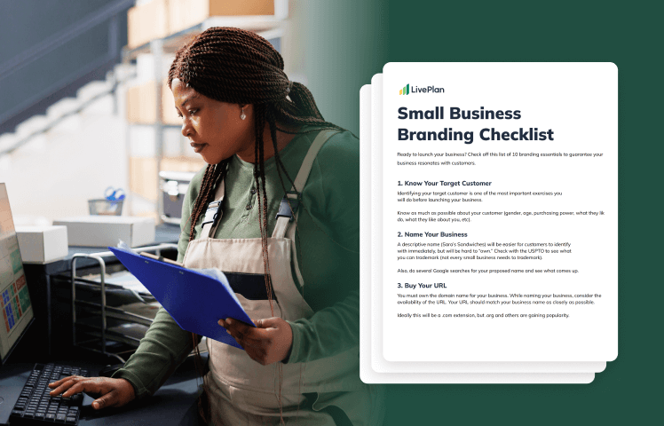 A woman in an apron reviews a document next to a "Small Business Branding Checklist" on a green background.