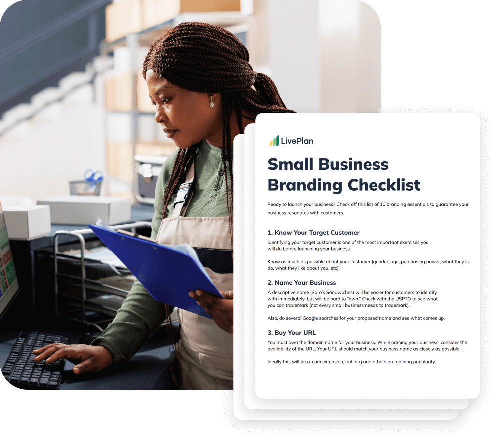 A person with braided hair works on a computer, holding a blue folder. Next to them is a "Small Business Branding Checklist" document.