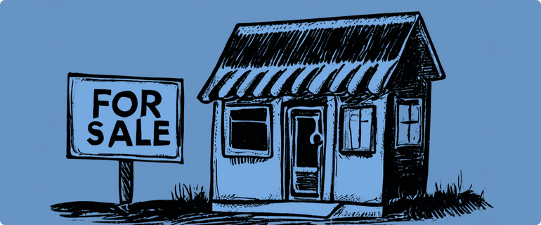 An illustration of a business with a for sale sign, signifying the opportunity to buy a business. An illustration of a business with a for sale sign, signifying the opportunity to buy a business.