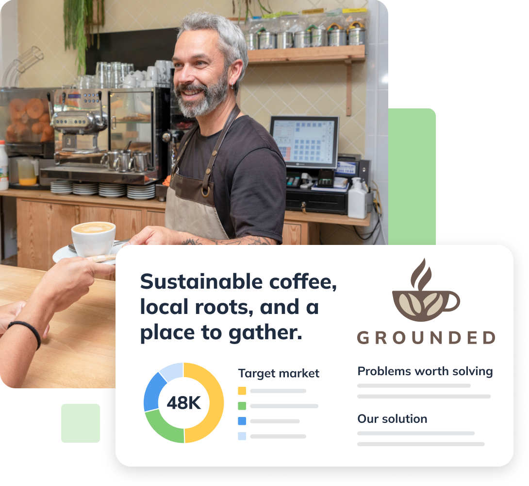 Man working at coffee shop with LivePlan graphics