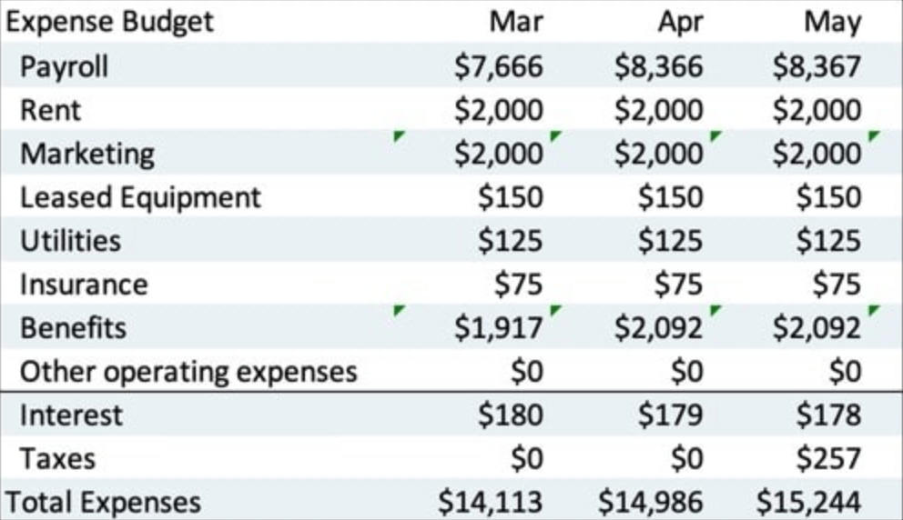 An example expense budget for a bicycle shop covering the months of March, April, and May
