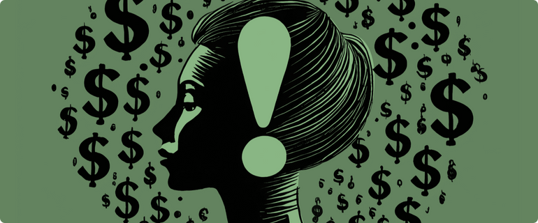 An illustration of a woman with an exclamation mark over her head, signifying an entrepreneurial idea.