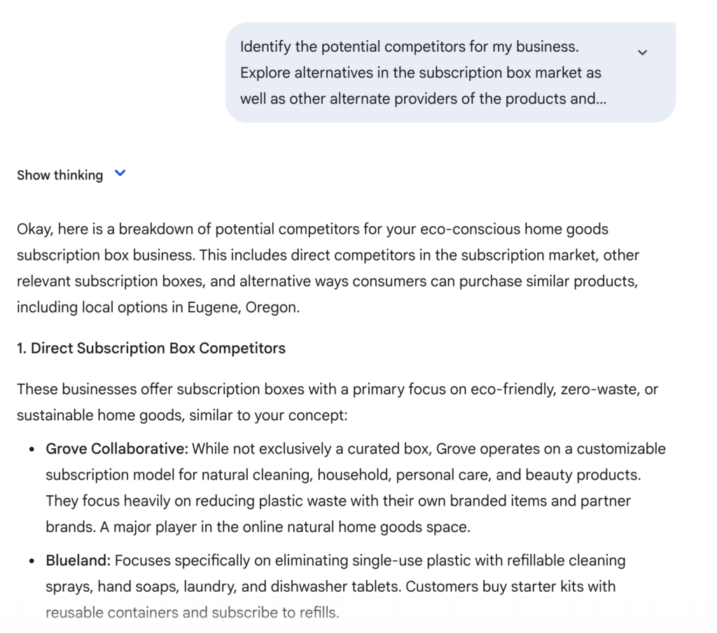 A screen shot of Google Gemini's output when asked to identify potential competitors for a subscription box business.