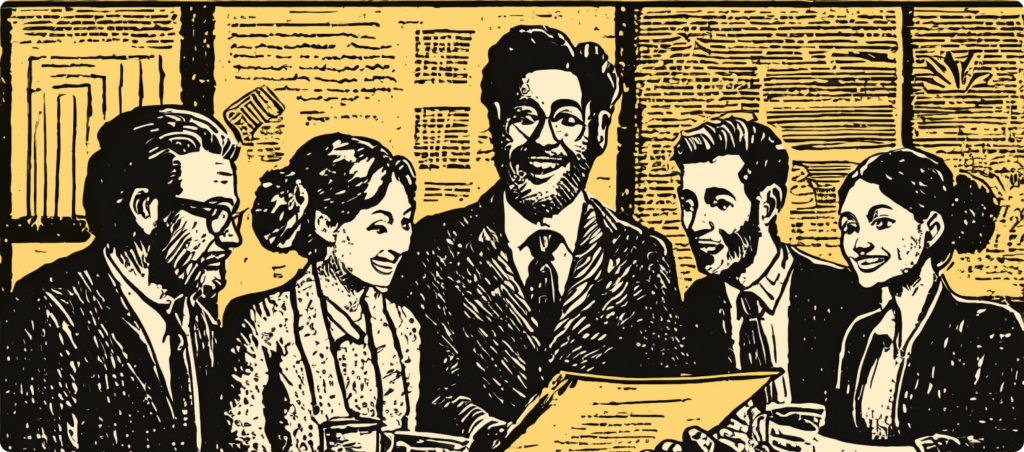 An illustration of investors reviewing a business plan.