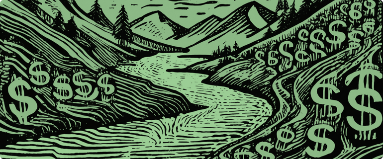 An illustration of a river surrounded by dollar signs on both shores, representing cash flow.