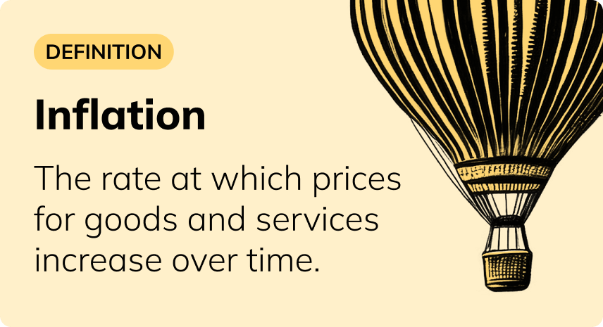 An illustration of a hot air balloon with the definition of inflation: 'The rate at which prices for goods and services increase over time.' The balloon represents rising prices, symbolizing inflation. An illustration of a hot air balloon with the definition of inflation: 'The rate at which prices for goods and services increase over time.' The balloon represents rising prices, symbolizing inflation.