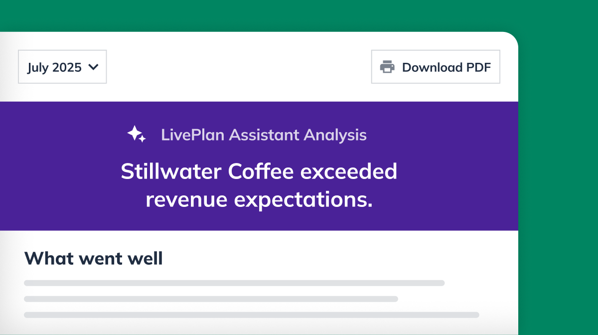 Image highlighting LivePlans monthly review feature analyzing coffee shop forecast vs actuals and showing exceeding revenue expectations