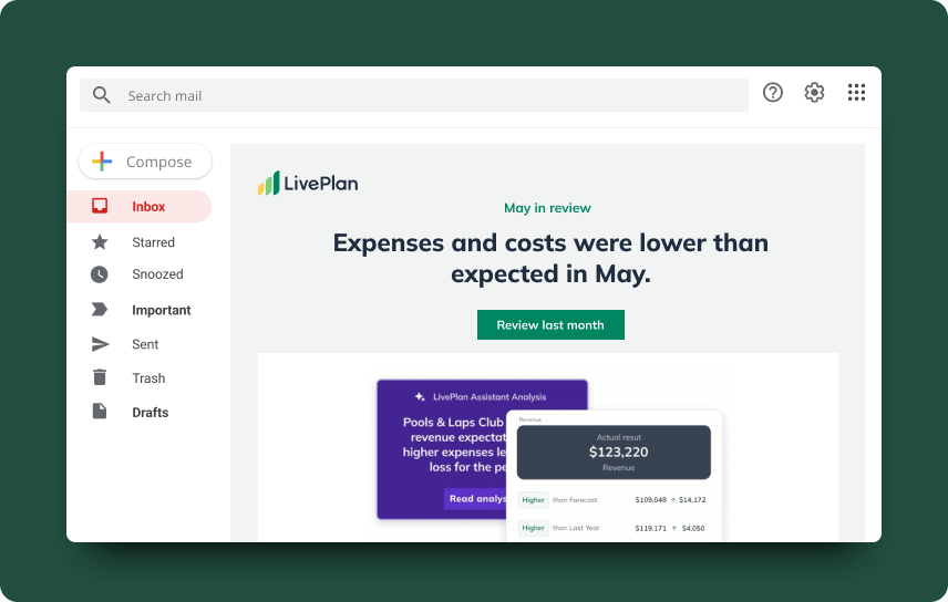 Liveplan assistant monthly review email
