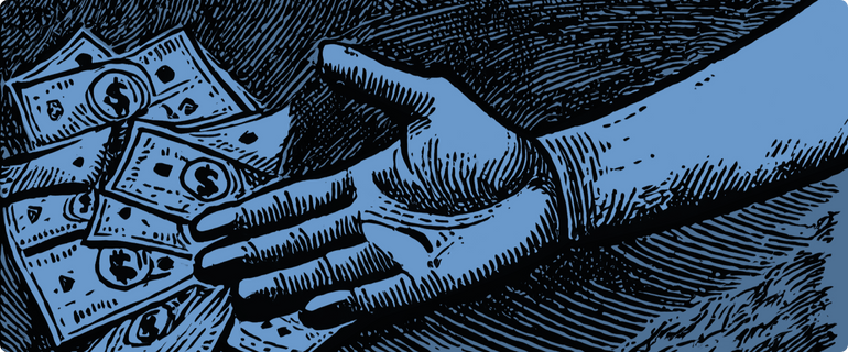 An illustration of a hand extending a pile of money, representing the receiving of a cash advance.