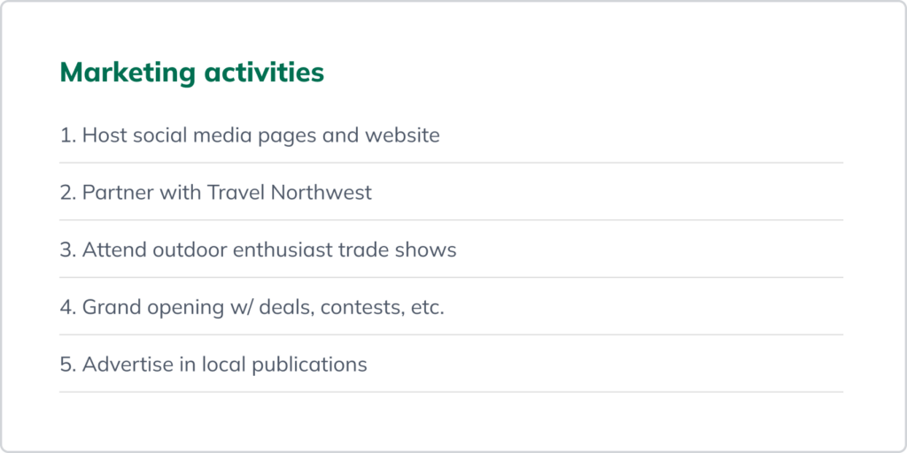 A list of marketing activities:
1. Host social media pages and website; 2. Partner with Travel Northwest;
3. Attend outdoor enthusiast trade shows;
4. Grand opening with deals, contests, etc.;
5. Advertise in local publications. A list of marketing activities:
1. Host social media pages and website; 2. Partner with Travel Northwest;
3. Attend outdoor enthusiast trade shows;
4. Grand opening with deals, contests, etc.;
5. Advertise in local publications.