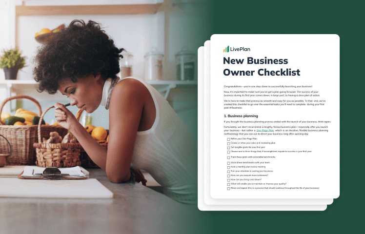 Woman reading at a table with a new business owner checklist overlay, featuring various planning tasks and tips.