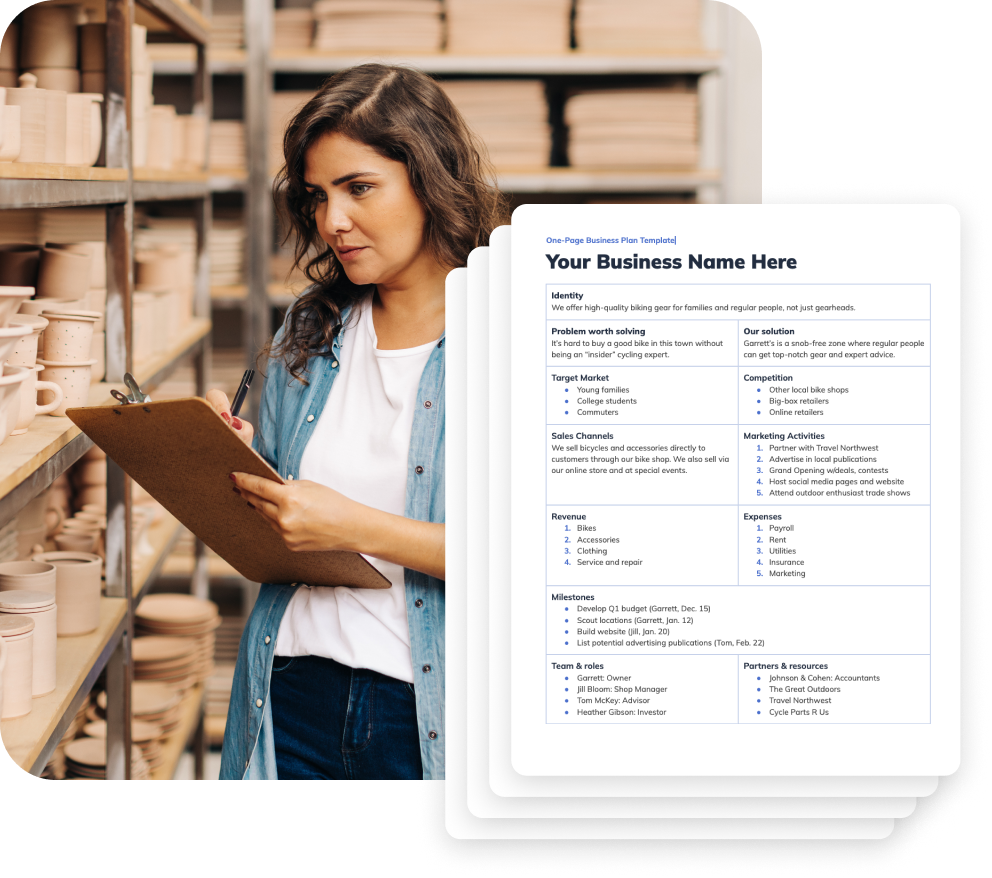 Woman working in workshop with clipboard and example one-page plan template