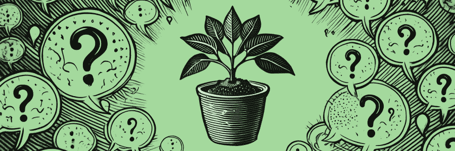 The illustration features a potted plant at the center, symbolizing growth, surrounded by numerous speech bubbles with question marks, representing various questions that arise when planning for business growth. The background is green with a sketch-like design. The illustration features a potted plant at the center, symbolizing growth, surrounded by numerous speech bubbles with question marks, representing various questions that arise when planning for business growth. The background is green with a sketch-like design.