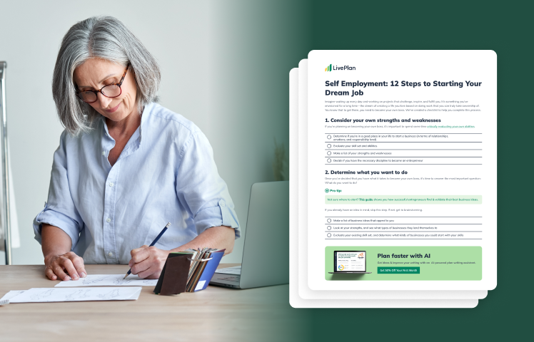 Woman with gray hair writing at a desk, next to a document titled "Self Employment: 12 Steps to Starting Your Dream Job."