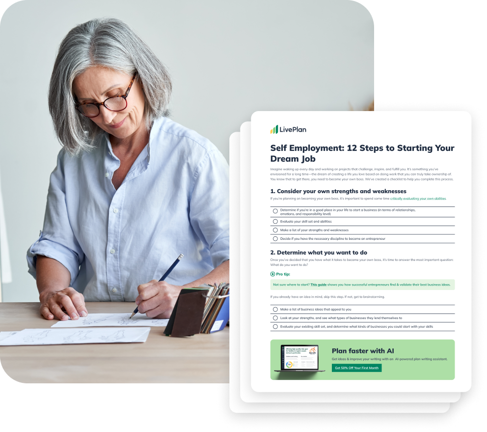 Woman looking down at a piece of paper with a pencil in her hand, with an overlay of LivePlan's self-employment checklist. It says "Self Employment: 12 Steps to Starting Your Dream Job"
