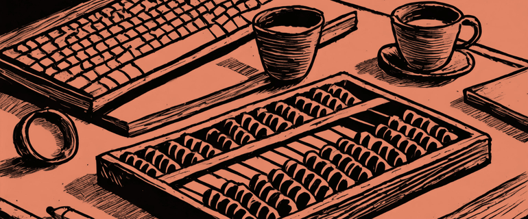 An illustration of two mugs of coffee on a table next to a keyboard and an abacus, representing the many ways that a small business owner works to interpret their financial data to make better management decisions.