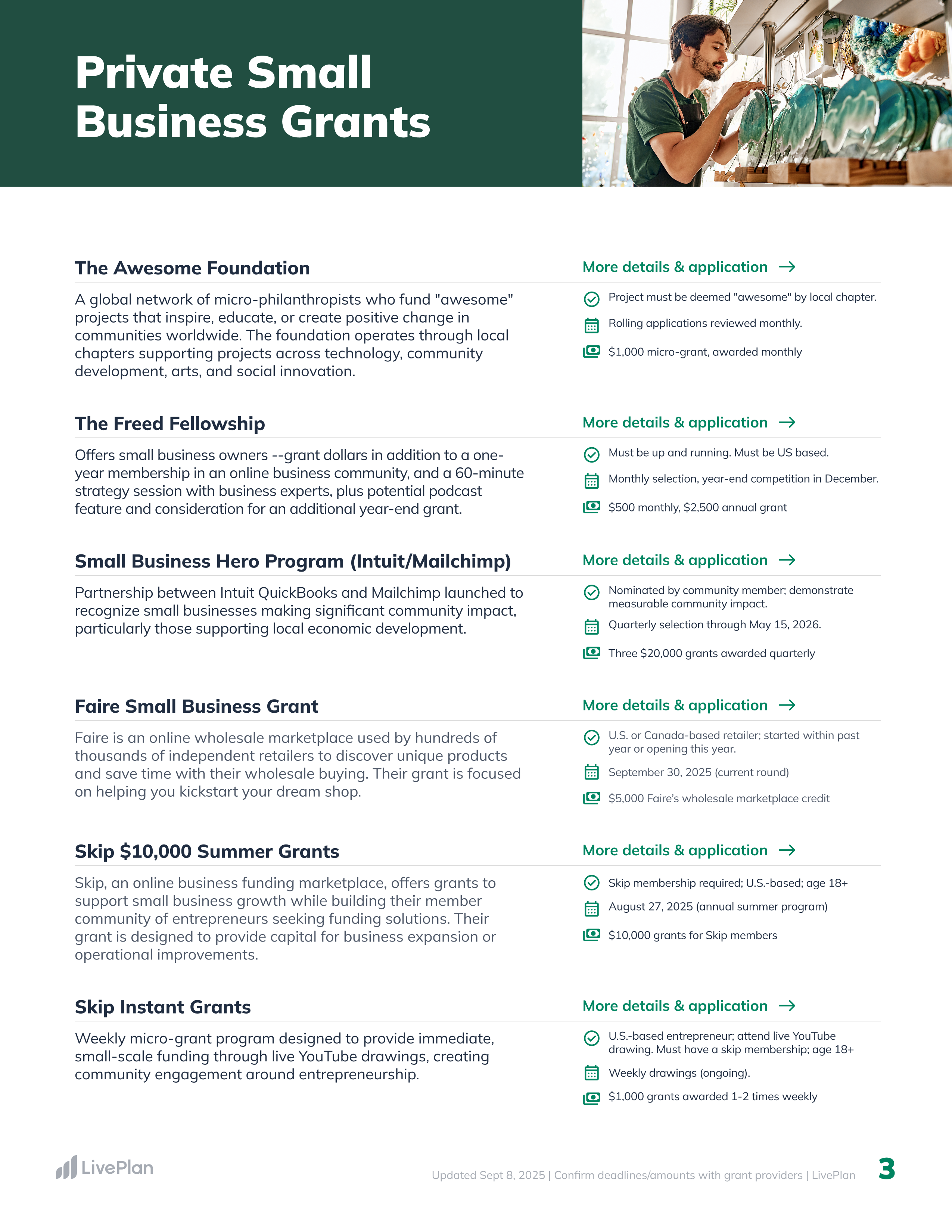 Informational poster about private small business grants, featuring details on various grant programs and application links.