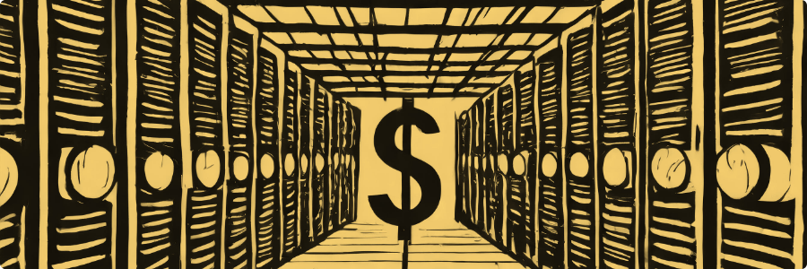 An illustration of a dollar sign at the end of a corridor of computer servers.