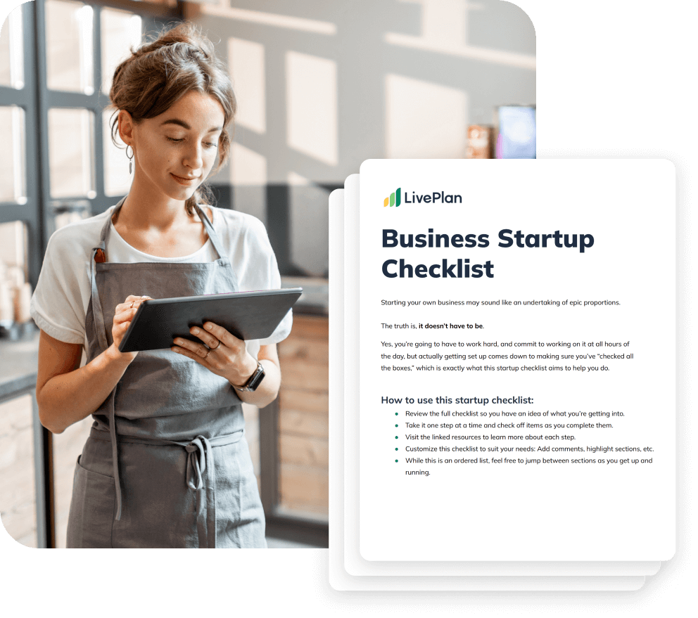 Woman in apron using a tablet beside a "Business Startup Checklist" document with tips for launching a new business.