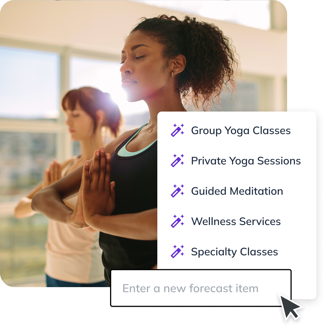 A woman meditates in a yoga studio, with an overlay showing suggested business forecast items such as "Group Yoga Classes," "Private Yoga Sessions," and "Guided Meditation."