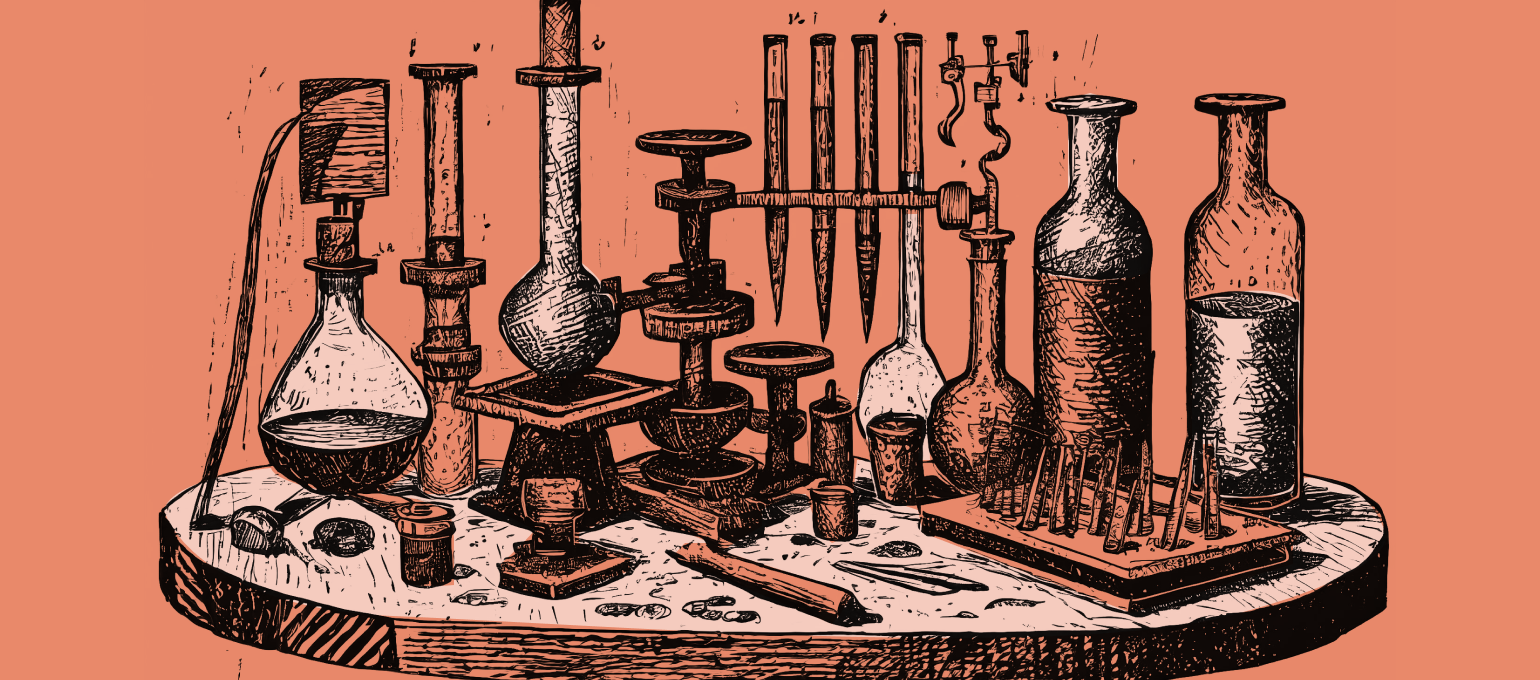 An Illustration of laboratory equipment including flasks, test tubes and burners, signifying the many different types of market research that entrepreneurs utilize.