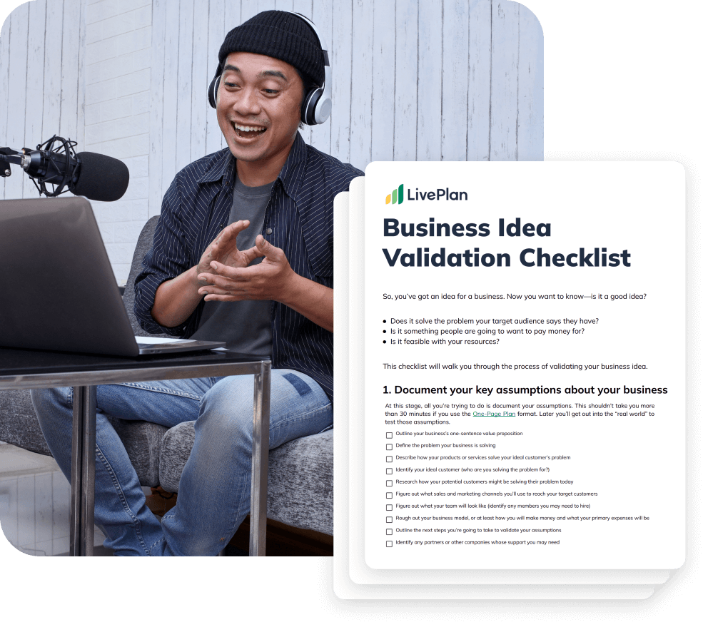 Man smiling and gesturing while wearing headphones, sitting by a microphone. Next to him is a "Business Idea Validation Checklist" document.