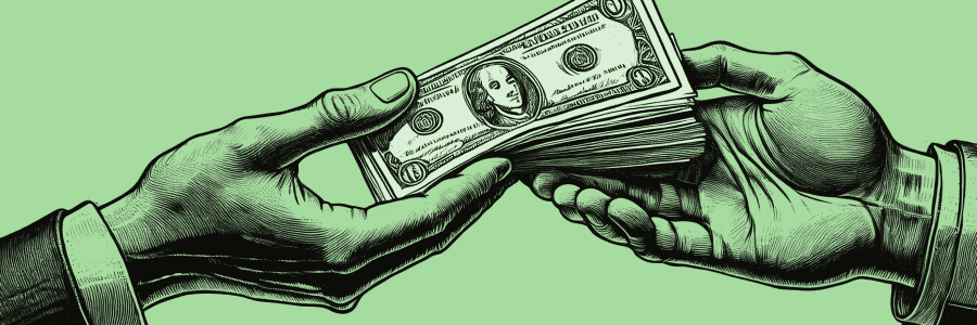 An illustration of two hands exchanging a stack of dollar bills, representing the concept of accounts payable, where money is owed to vendors or suppliers. An illustration of two hands exchanging a stack of dollar bills, representing the concept of accounts payable, where money is owed to vendors or suppliers.