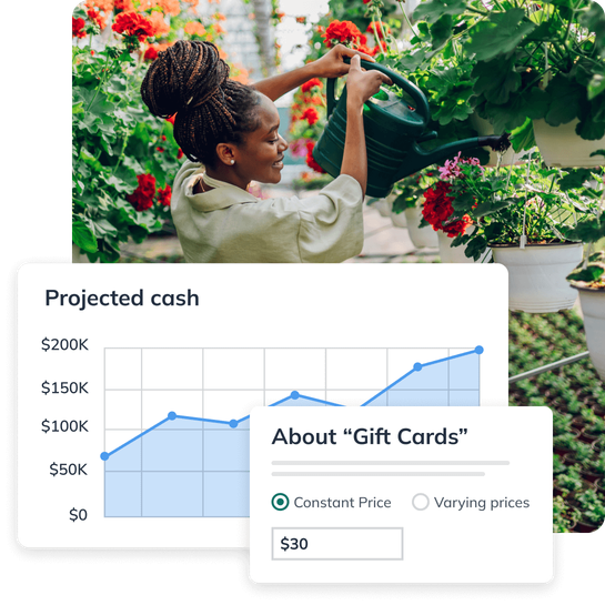 Woman watering plants with LivePlan graphic